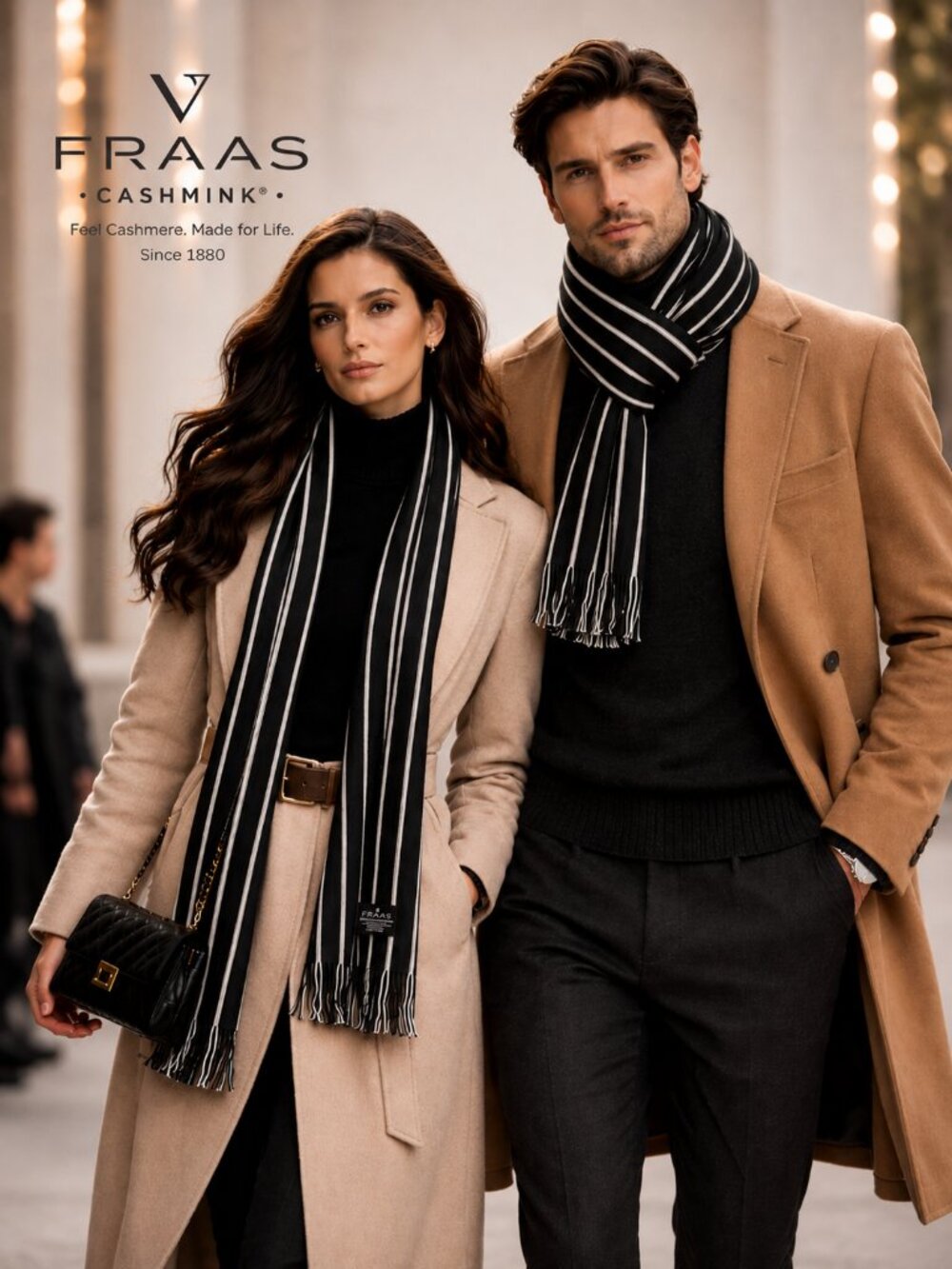 V FRAAS *Cashmink Scarf Black White Stripe Fringe Men - Women NEW